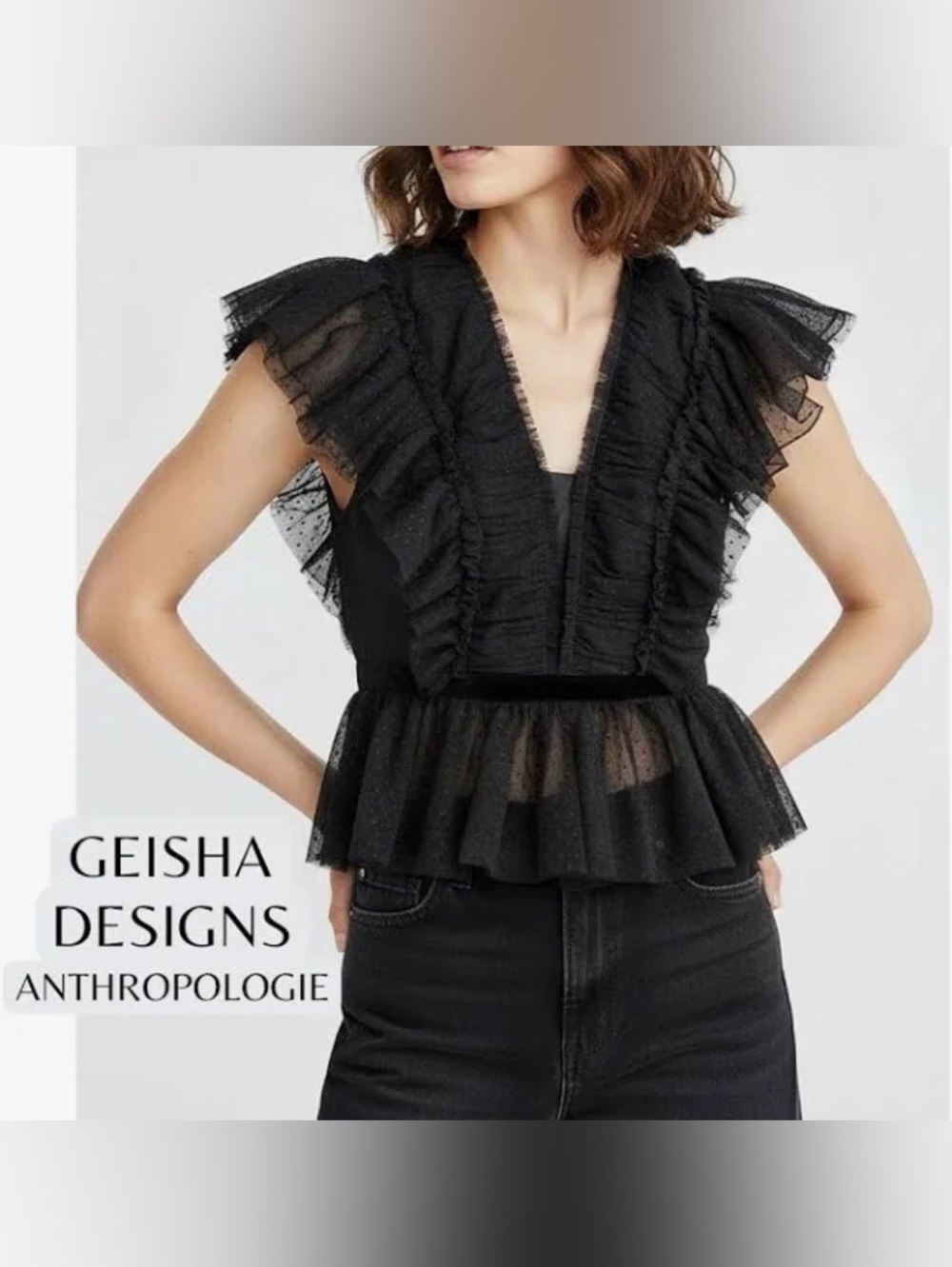 Anthropologie Geisha Designs Ruffled Tulle Blouse In Black Size XS New With Tags